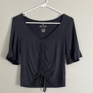 Gray cropped ruffle sleeve shirt